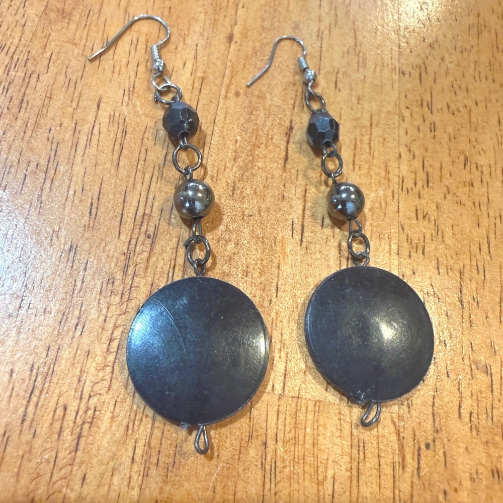 Handmade Black Disc Beaded Drop Earrings Gunmetal Boho Goth Statement Dangles